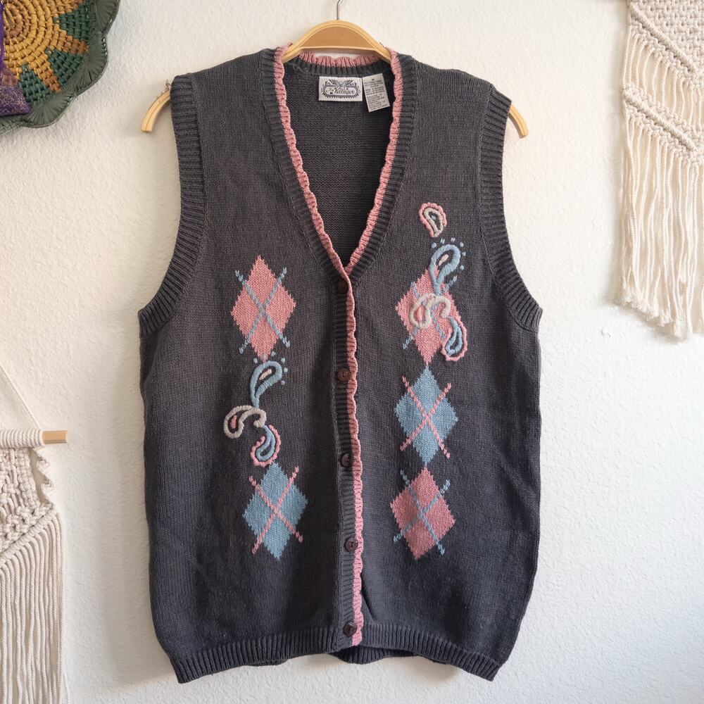 The Villager Vintage Argyle Paisley Scalloped Trim Gray Sweater Vest Size Medium
